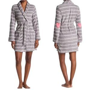 PJ Salvage Striped Gray Shawl Collar Soft Robe Pink Heart Patches size XL NWT